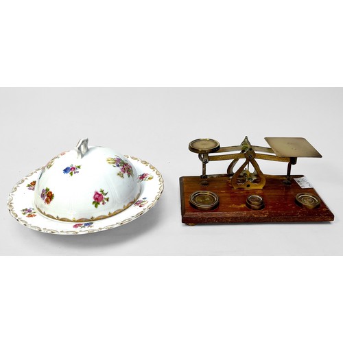 319 - A set of brass Post Office scales, together with a Dresden porcelain 'style' muffin dish and cover d... 