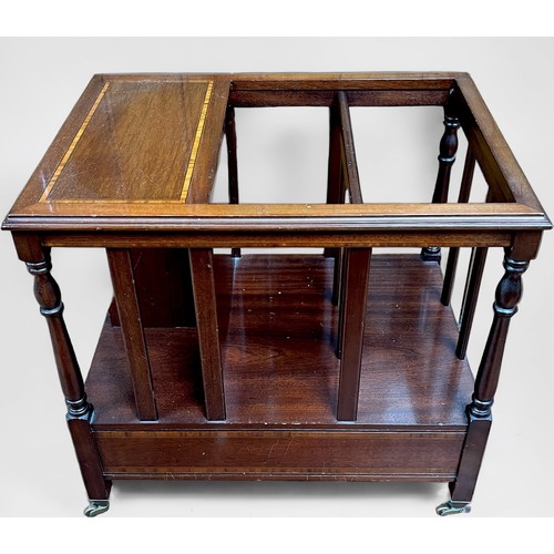 543 - An Edwardian inlaid mahogany Canterbury, with two open sections and small table section, with turned... 