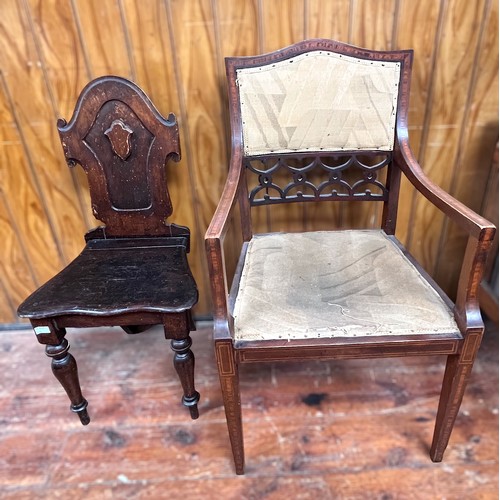 540 - An Edwardian parlour carver chair, and 19th Century stained oak hall chair