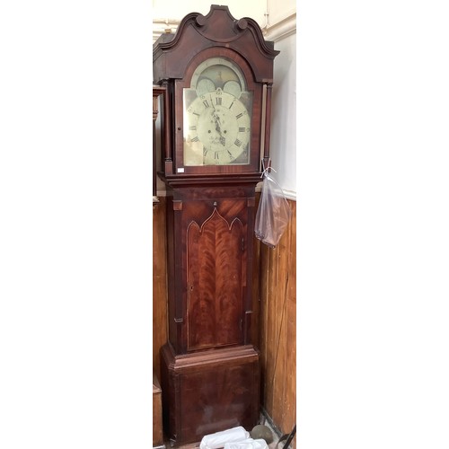 400 - An early 19th Century eight-day longcase clock, painted square dial with arched top and moon phase, ... 