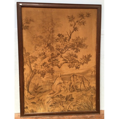 424 - A large machine made tapestry depicting deer by a tree, framed, faded to brown tones, 180 x 127cm