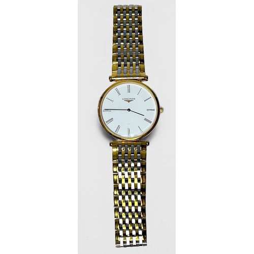 132 - A gents gold-plated Longines La Grande Classique quartz wristwatch, the white enamel dial with Roman... 