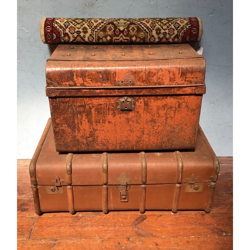 314 - A metal steamer trunk and a wooden banded suitcase, together with a small Axminster Rug