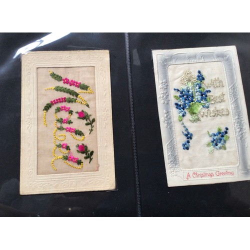 278 - A silk handkerchief with lace of the South Wales Borderers (1st photo) in an album containing 96 Wor... 