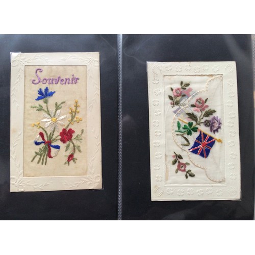 278 - A silk handkerchief with lace of the South Wales Borderers (1st photo) in an album containing 96 Wor... 