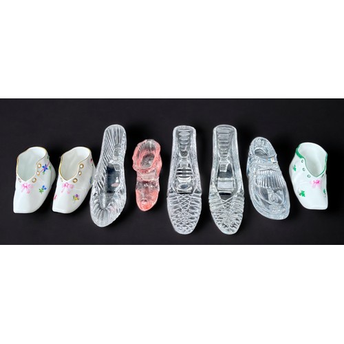 1 - Three various Herend porcelain baby shoes, a Waterford crystal loafer shoe, and four glass ladies ev... 