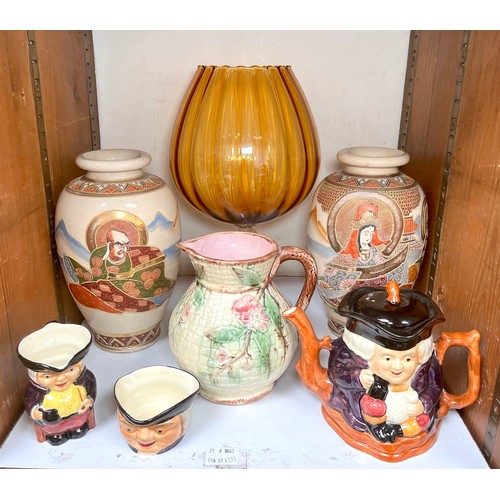 7 - A pair of Japanese Satsuma pottery vases, together with a 19th century majolica pottery jug, three-p... 