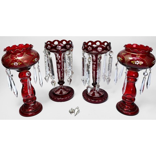 44 - Two pairs of glass lustres with clear glass drops, ruby flashed glass, crimped rim to globular form,... 