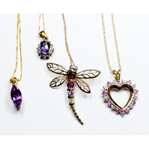 253 - Four 9ct yellow gold pendant and chains, including a pink gemstone heart and a gem-set dragonfly etc... 