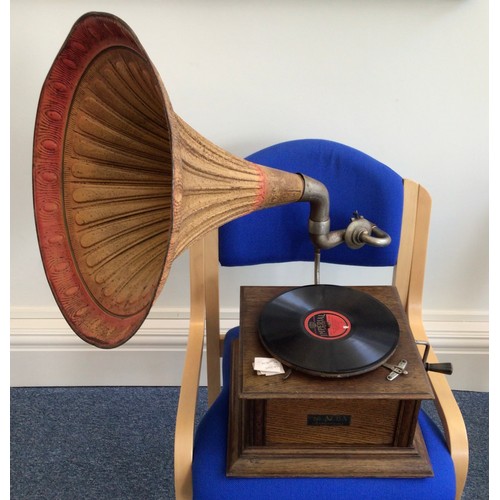 345 - The ALBA Gramophone with embossed tin horn, oak case, and winding handle.  Working order, (bottom ba... 