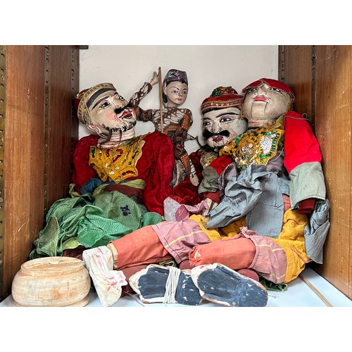 350 - Three large Burmese puppets with glass eyes and talking mouth, in traditional costume and headdress ... 