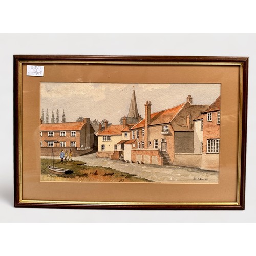 307 - Jean Hullion MSAI, Cottages, Bosham, W. Sussex, with figures and Bosham Church spire behind the cott... 