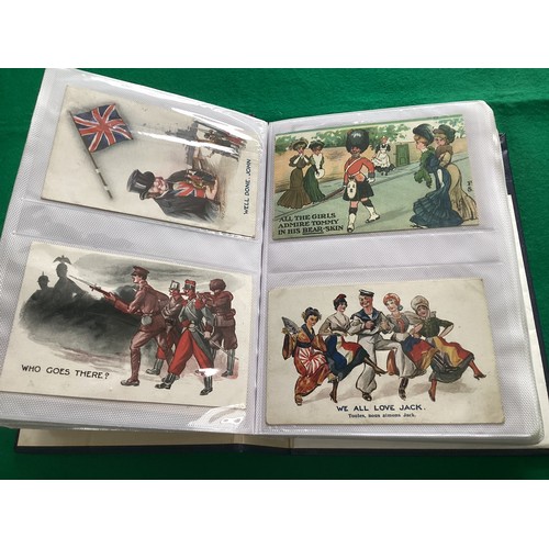 251 - An album containing 192 military cards – including art, comic, camp life, patriotic and some real ph... 