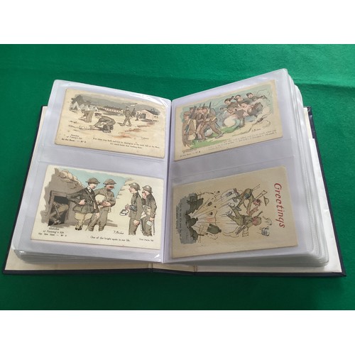 251 - An album containing 192 military cards – including art, comic, camp life, patriotic and some real ph... 