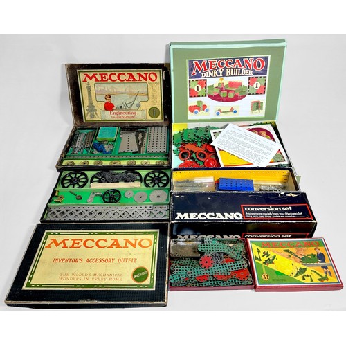 554 - Five assorted boxed Meccano kits, to include, Inventor’s Accessory Outfit, Conversion Set 7X, Engine... 