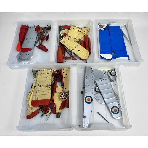 564 - Five various unboxed Meccano Aeroplane kits, comprising, biplane, monoplane, low wing, in various co... 