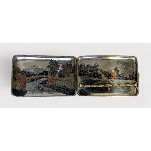 61 - An Oriental white metal, marked Sterling, cigarette case, decorated to the exterior and interior wit... 