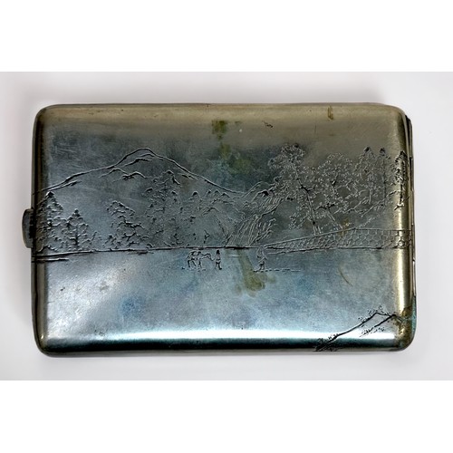 61 - An Oriental white metal, marked Sterling, cigarette case, decorated to the exterior and interior wit... 