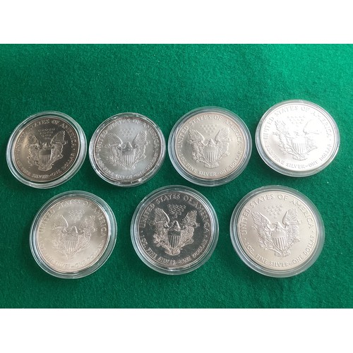 234 - Seven 1oz. fine silver USA dollars for 2002, 3, 4, 5, 9, 13 and 2015, and an American Eagle and Walk... 