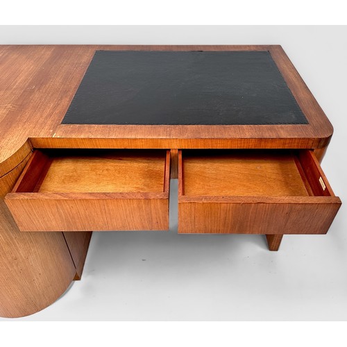 355 - An Art Deco walnut veneered desk with black tooled leather scribe to top, above two frieze drawers, ... 