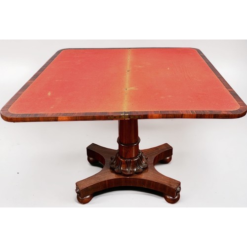 358 - A William IV rosewood folding card table, with red playing baize, scrolled decoration to frieze and ... 