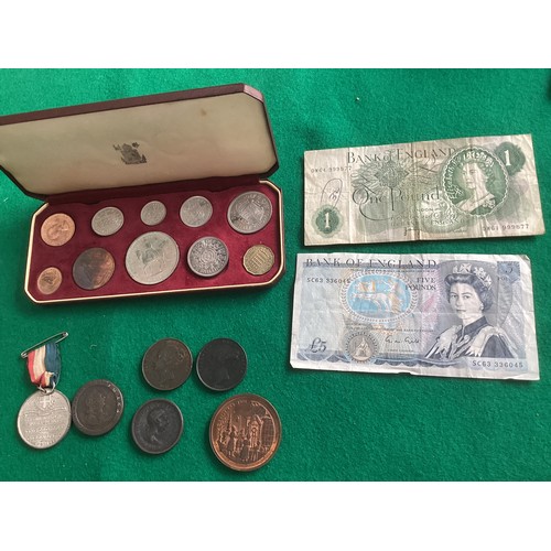 239 - WITHDRAWN: A collection of coin sets, older and loose coins and two banknotes – including a 1953 cas... 