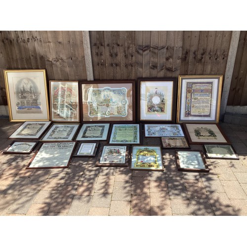 315 - Nineteen framed certificates with Oddfellows, Ancient Order of Forester and other interest. All pict... 