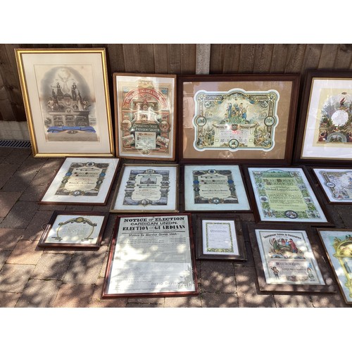 315 - Nineteen framed certificates with Oddfellows, Ancient Order of Forester and other interest. All pict... 