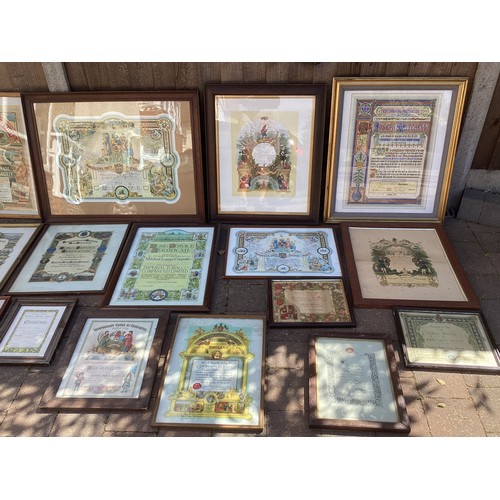 315 - Nineteen framed certificates with Oddfellows, Ancient Order of Forester and other interest. All pict... 