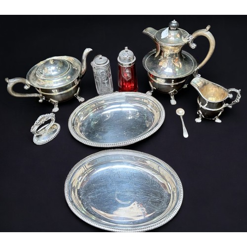 84 - Various silver-plated items including four-piece teaset, tray tureen & cover, bread basket etc