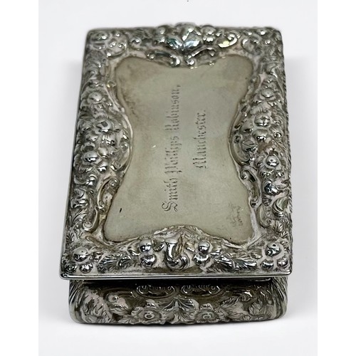 80 - An early Victorian silver snuff box by Nathaniel Mills, of rectangular form with hinged cover, the t... 