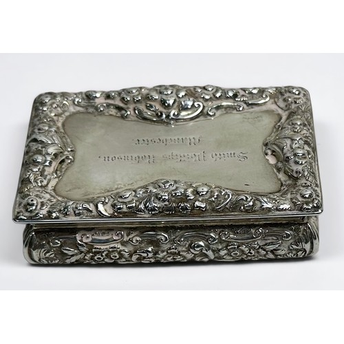 80 - An early Victorian silver snuff box by Nathaniel Mills, of rectangular form with hinged cover, the t... 