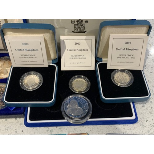 245 - GB Coins: Comprising 3x Silver Proof One Pound 2002, 2002 and 2003, Britannia Fine Silver £2 One Oun... 