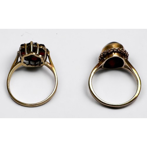 202 - Two 9ct yellow gold dress rings, set with garnet and amber, total weight 5.5 grams.