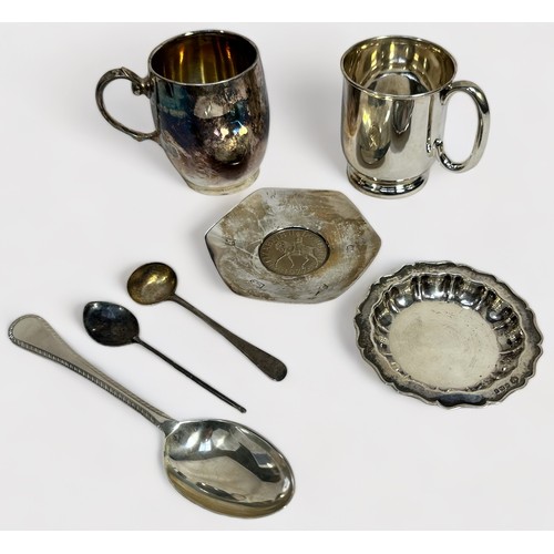 89 - A collection of assorted sliver items comprising various mugs, one by William Aitken, hallmarked Bir... 