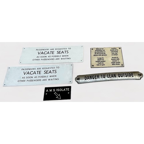 442 - A collection of carried railwayana, comprising five various railway carriage signs; 2 x ‘Vacate Seat... 