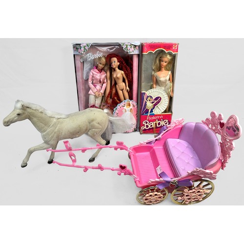 486 - A collection of assorted Barbie and Ken dolls and two white horses by Mattel, dressed in various out... 