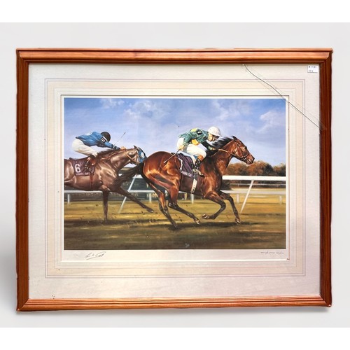 321 - Four various horse racing prints including a limited edition print after Claire Eva Burton, edition ... 