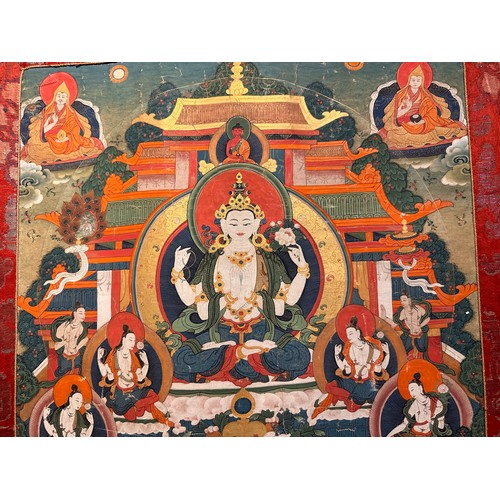 47 - A 19th Century Tibetan Thangka, (hanging prayer flag scroll) painted with central figure of Buddha s... 