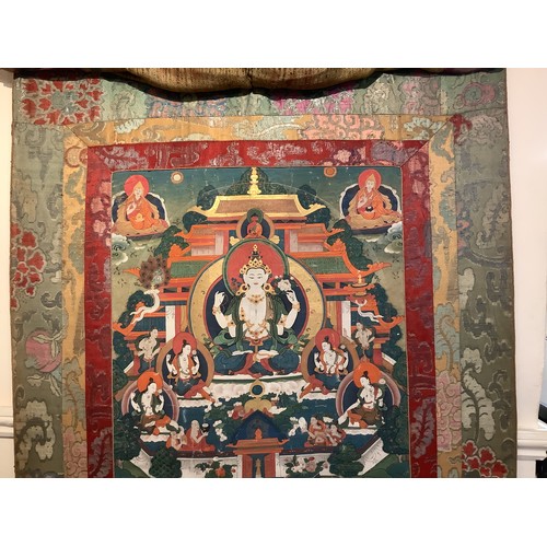 47 - A 19th Century Tibetan Thangka, (hanging prayer flag scroll) painted with central figure of Buddha s... 