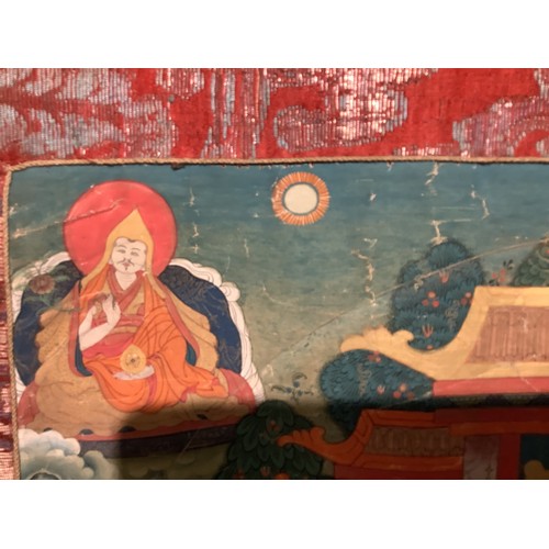 47 - A 19th Century Tibetan Thangka, (hanging prayer flag scroll) painted with central figure of Buddha s... 