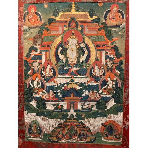 47 - A 19th Century Tibetan Thangka, (hanging prayer flag scroll) painted with central figure of Buddha s... 