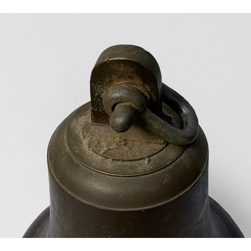 417 - A Cast bronze ship's bell with clapper and iron suspension loop, 27cm high