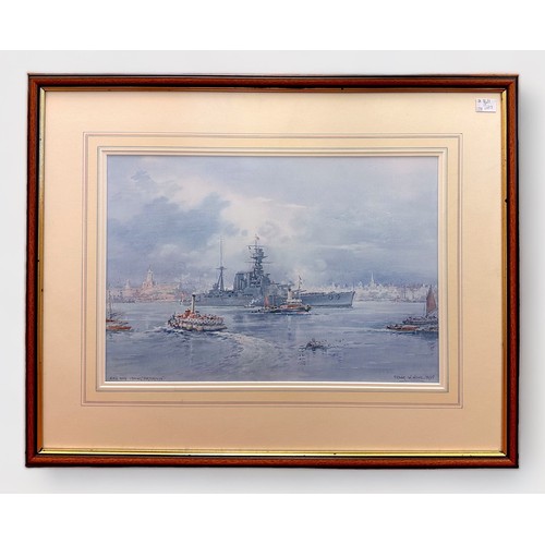 353 - Frank Watson Wood (1862-1953), 'HMS Hood Leaving Portsmouth,' 35x52cm and 'Portsmouth Harbour 27th M... 