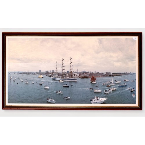 355 - After H.W. Brewer. Bird's Eye View of Portsmouth Harbour, 35x96cm framed and acryllic glazed, togeth... 