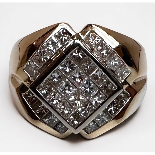 67 - A 14ct yellow gold gents dress ring, invisible set with 2.00cts of princess cut diamonds, I in colou... 