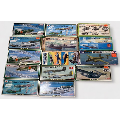 251 - A collection of seventeen various boxed un-made plastic model kits, 1/700 scale, by Sky Wave, Fujimi... 