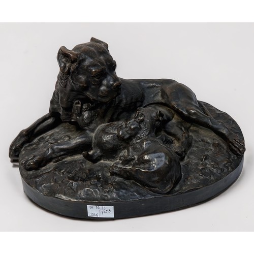 320 - After W. Wolfe (German, 20th century) Bronzed sculpture of a Bull Mastiff and two pups, with etched ... 