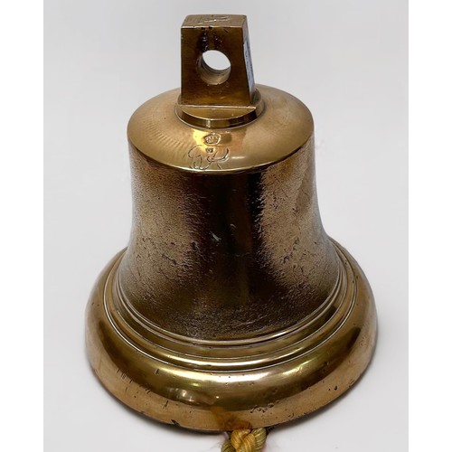 476 - A George VI Brass Bell, cast with crown & monogram, with clapper and plaited pull, 26cm high