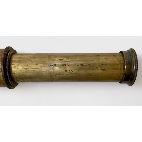 467 - A Dolland of London x15 magnification three-drawer brass telescope with leather-covered main tube, 4... 